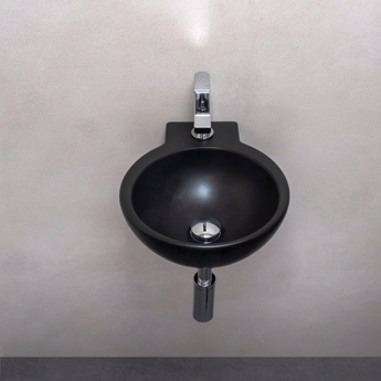  Tvättställ i svart och rund design för placering på vägg och blandare i fyrkantig design
