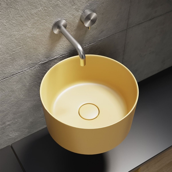 Core I giallo - Runt matt gul tvättställ Ø40 i porslin som svävar på väggen.